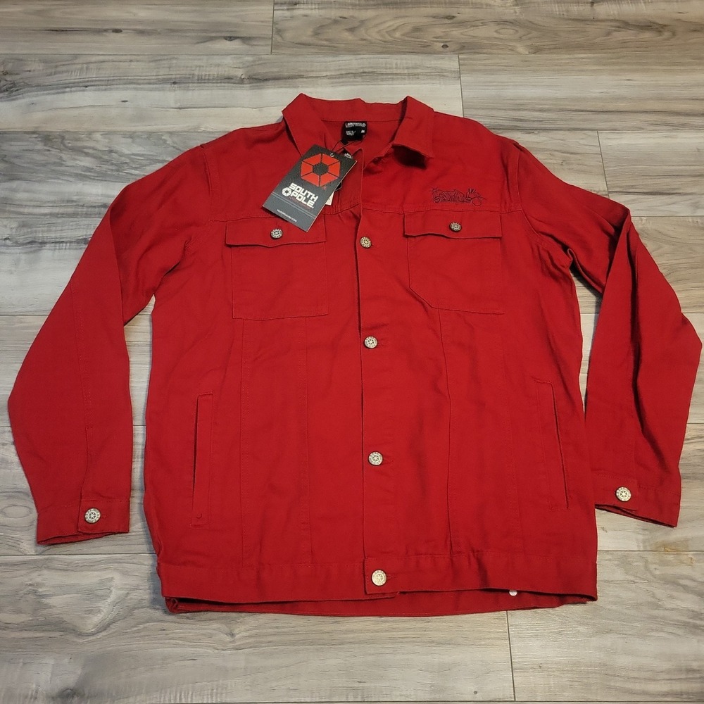 Southpole Denim Trucker Jacket Mens Medium Red Graphic Hip Hop Streetwear NEW